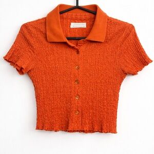 Urban Outfitters Smocked Crop Button Front Top Orange Collared - Small